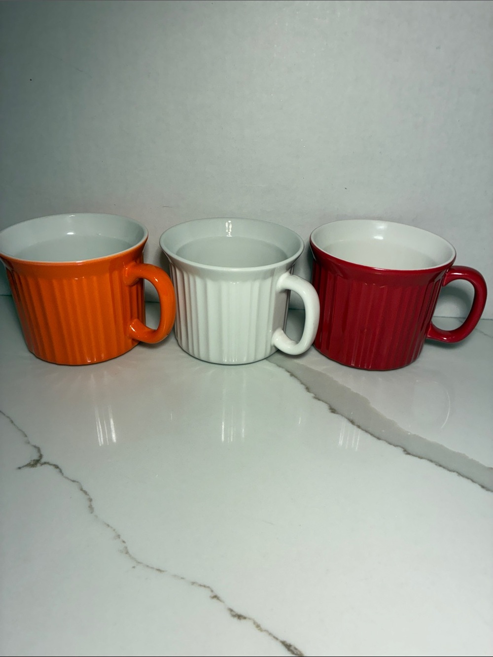 Corningware Orange, White & Red Ribbed Ceramic Mug Trio